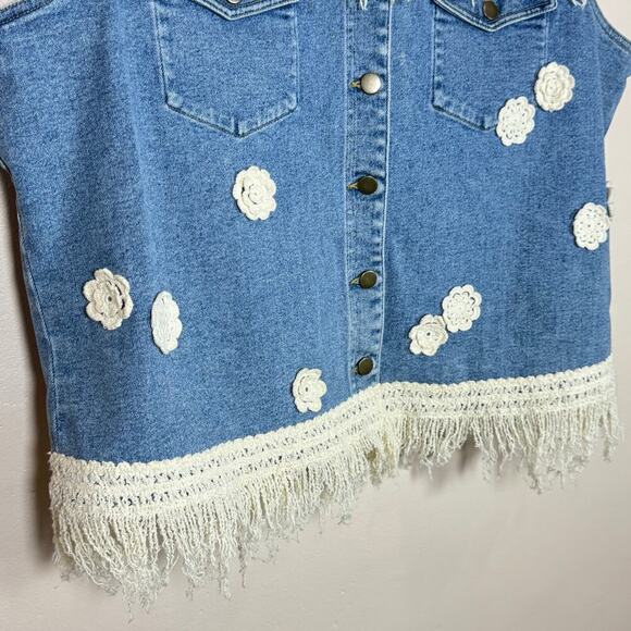 VTG Carole Little Plus Size Vest Denim Crochet Fringe 22 Cottage Western 90s - Picture 3 of 7